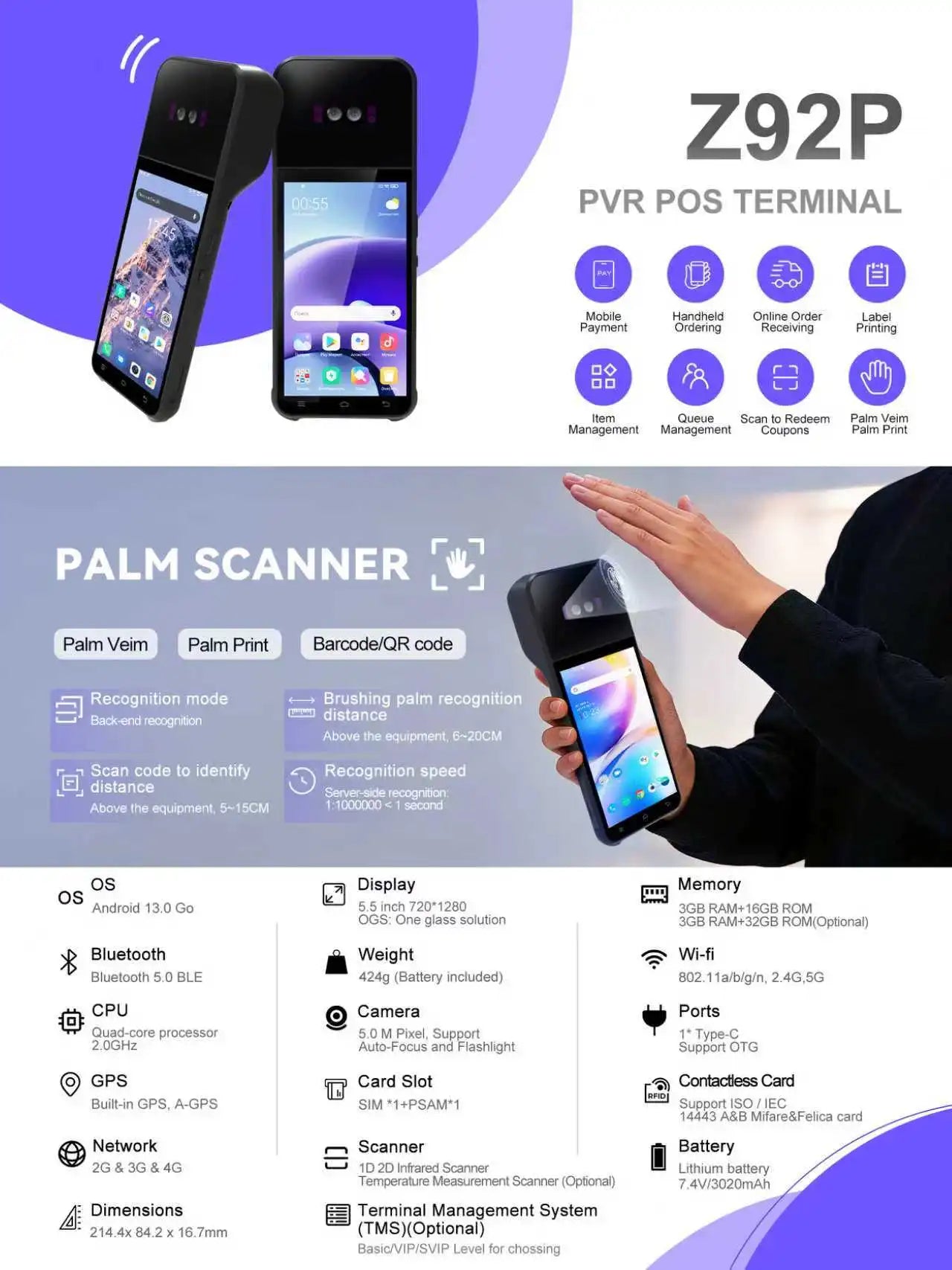 Terminal POS Z92 con escáner de venas de la palma